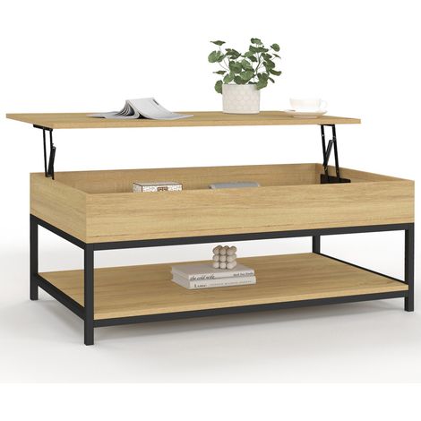 Couchtisch integrale rechteckige Hubplatte DETROIT und unteres Regal Industriedesign