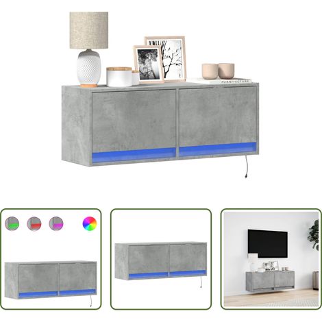 Armoire TV murale -  Meuble TV mural avec lumières LED gris béton 100x31x35 cm (1/5)