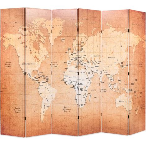 Cloison de séparation pliable 228 x 170 cm Carte du monde Jaune (1/5)
