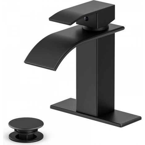 Robinet de salle de bain moderne noir mat, robinet de lavabo de salle de bain cascade avec poignée unique, adapté pour 1 ou 3 trous, fourni avec plaque de recouvrement et tuyau (1/4)