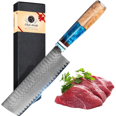 Cuchillo de chef, hoja de acero de Damasco, mango ergonómico, Nakiri (1/2)