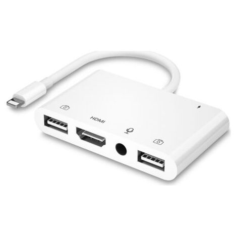 Adaptateur HDMI OTG pour iPhone, HDMI + Double USB Femelle OTG + Adaptateur Répartiteur de Casque 3,5 mm avec Port Charge Compatible avec iPhone (1/5)