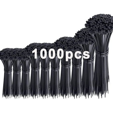 Lot de 1000 serre-câbles Noir Tailles assorties (350/300/250/200/150/100 mm) Zip Ties Plastic Wire Ties Gestion UV pour maison, bureau, jardinage (1/5)