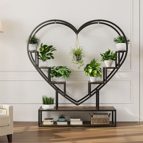 Étagère Plante Forme Cœur avec Suspension, Grande Bibliothèque Fleurs 6 Niveaux, Support Pot avec Rangement Bas, 100x26x138cm - Noyer