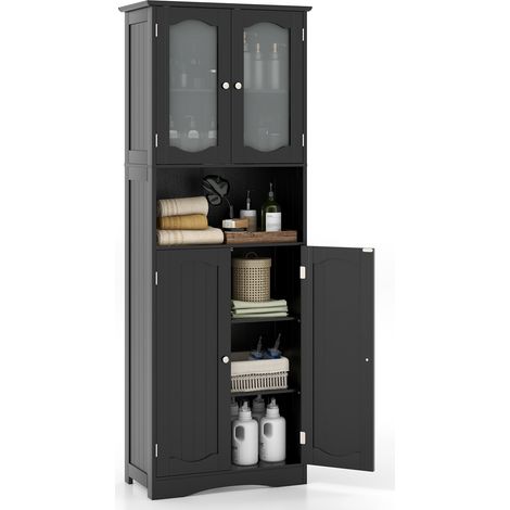Costway – Colonne de salle de bain 60 x 30 x 164 cm – 2 portes en verre trempé – 2 étagères réglables – 3 compartiments ouverts – MDF imperméable (1/5)