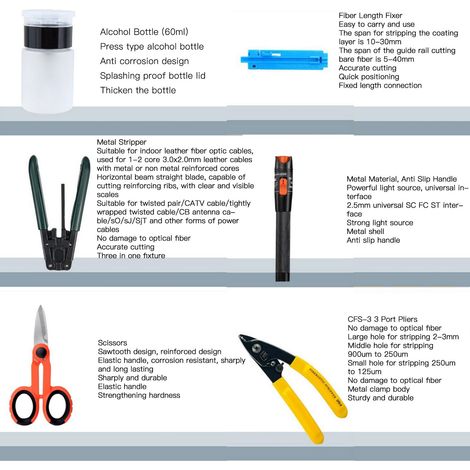 Kit de réparation de fibre optique avec wattmètre optique, dénudeur de fil, adaptateur FC/SC, clé, localisateur visuel de défauts VFL (1/5)