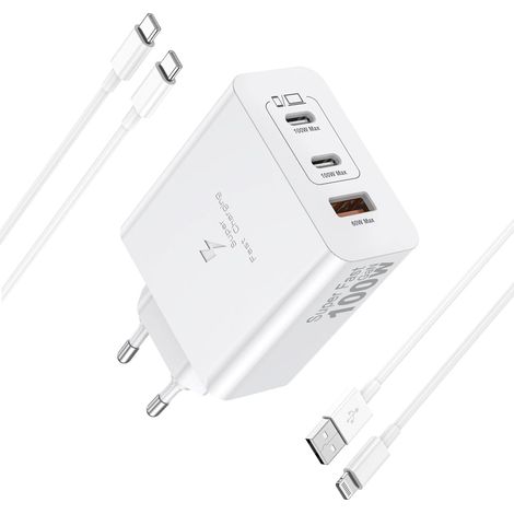 Chargeur USB C, 100W 3 in 1Prise USBC Chargeur Rapide, Multi Secteur PD+QC 3.1A Type C Adaptateur pour 17 16 15 14 13 12 11 Pro Max X XS XR 8 7 Plus Mini SE, iPad (1/5)
