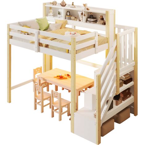 Letto a soppalco 90x200 cm con luci LED, scaletta contenitore, spazio aperto e sponde di sicurezza, bianco naturale, per cameretta bambini - CHICFURN (1/5)