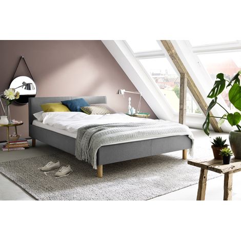 Meise Möbel Kinderbett Lena 140x200 cm Bettgestell Kopfteil glatt Webstoff Hellgrau Holzfuß eichefarbig (1/5)