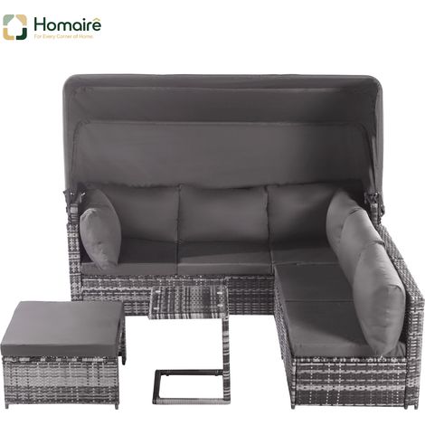 HOMAIRE Set de salon de jardin en rotin avec parasol, fauteuils, tabouret et table, mobilier extérieur weatherproof - gris (1/5)