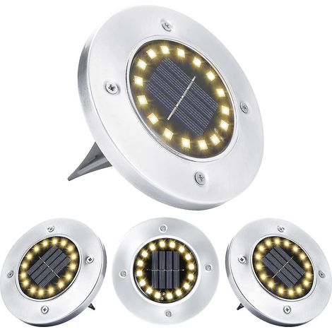 Lampes solaires d'extérieur, projecteurs LED blanc chaud étanches en acier inoxydable, lampes solaires au sol pour terrasse, jardin, allée, garage, trottoir. (1/5)