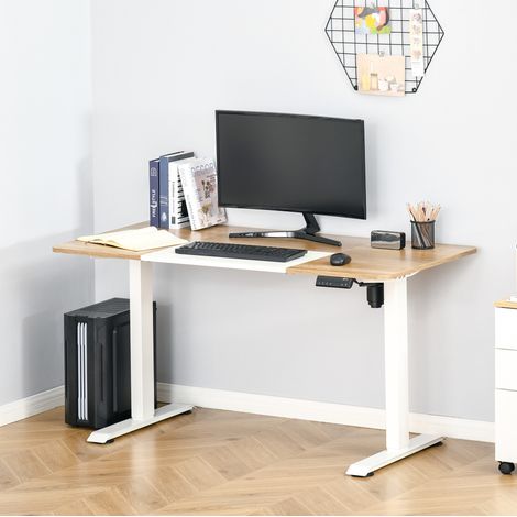 Bureau électrique réglable en hauteur 140 x 70 cm, plateau naturel, structure en métal blanc HAVRYA (1/5)