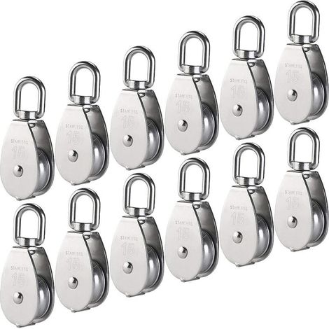 Lot de 12 poulies 15 mm, ensemble simple de poulies M15 en acier inoxydable 304, ensemble simple de poulies pour cordes intérieures et extérieures - Capacité de charge 35 kg (1/5)