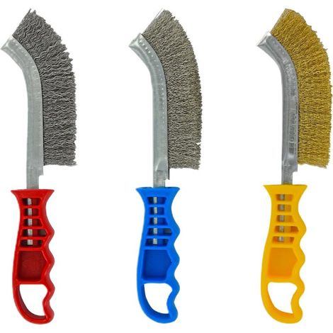 Set mit 3 Handbürsten – Metallbürsten aus Stahl, messingbeschichtetem Stahl und Edelstahl – ergonomische Griffe (1/2)