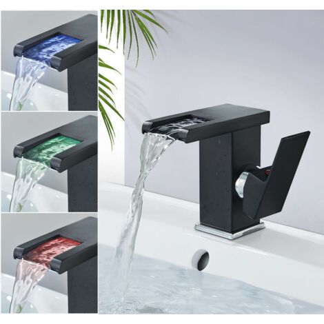 QORVA-Robinet Salle de Bain Design Moderne de Cascade Robinet Lavabo Noir LED Durable Eau Chaude et Froide Réglable
