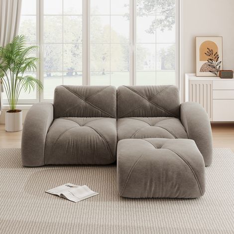 Canapé 2 places marron avec tabouret, mousse 32D, tissu chenille résistant aux animaux, antidérapant et doux
