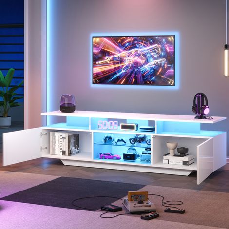 Mueble TV 160x40x45cm moderno MDF con LED y vidrio templado color blanco (1/5)