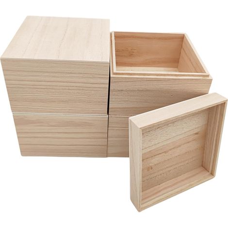 Lot de 4 petites boîtes à souvenirs carrées en bois brut, 12 x 12 x 8 cm, rangement rustique pour travaux manuels (1/5)
