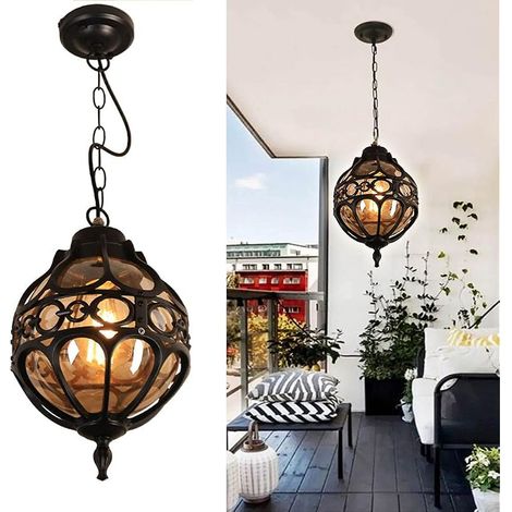 Luminaire suspendu en aluminium industriel de lustre suspendu extérieur de plafonniers Suspension imperméables Rustiques Lanterne Métal Noir pour Porche Couloir Véranda Terrasse, E27 (1/5)
