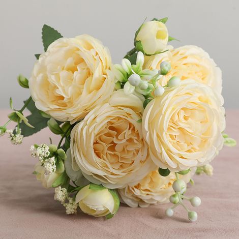 Bouquet de Roses Persanes Artificiel - 3 Bouquets de 5 Roses Jaunes en Silk pour Mariage et Décoration - Longueur 30cm, Maniable et Réaliste (1/5)