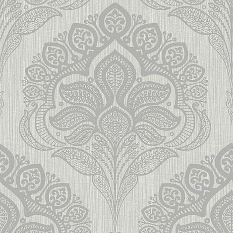 Grey & Silver Luxury Oria Damask Vinyl Textured Wallpaper Belgravia Décor (1/3)