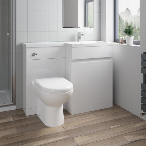 White Combination Vanity Unit Basin Sink Toilet Bathroom Furniture 1100mm Right Hand & D Shaped Toilet Pan Matte