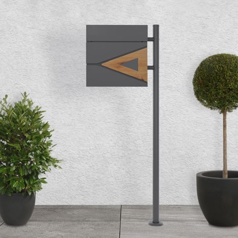 ECD Germany Boîte aux Lettres Moderne sur Pied avec Compartiment à Journaux, Anthracite/Triangle Aspect Bois, 120 cm, en Acier Inoxydable Revêtu par Poudre, 2 Clés Incluses, Résistant aux Intempéries