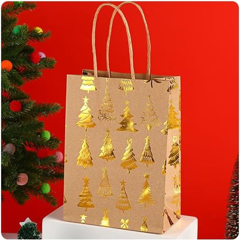 Set mit 12 weihnachtlichen Kraftpapier-Geschenktüten, heißgeprägt, mit Henkeln, für Weihnachtsfeierverpackungen, Dekoration (Weihnachtsbaum)
