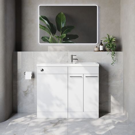 Napoli 250 Gloss White 1000mm 2 Door Vanity Unit Toilet Suite with Square Silvo Basin - 1000mm - Chrome 160mm HandleWithout Kingston Toilet Pan