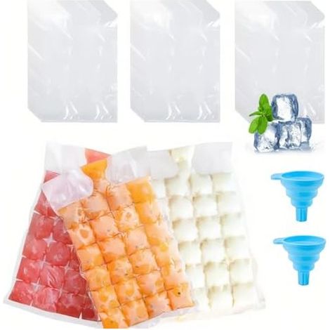 100 Pièces Sacs Glaçons Jetables Auto-Scellants, Sachets Glaçons, Jetable Ice Bag, Sac Glaçon, avec 2 Entonnoir en Silicone, Plastique, pour Congélateurs, Whisky, Cocktails, Boissons, Café