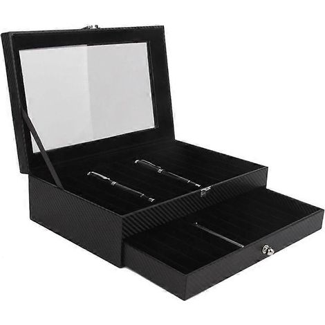 Holzkästchen für 24 Stifte, 2-stufige Aufbewahrungsbox mit Carbon-PU-Deckel, hochwertige Präsentationsbox. (1/5)