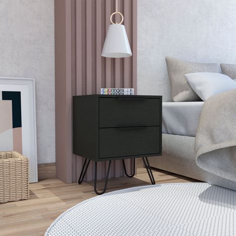 TUHOME Mesita de Noche Nuvo 2, Dos Cajones, Patas tipo Horquilla, Negro 57 cm de alto x 45 cm de ancho x 34,8 cm de Profundidad (1/5)