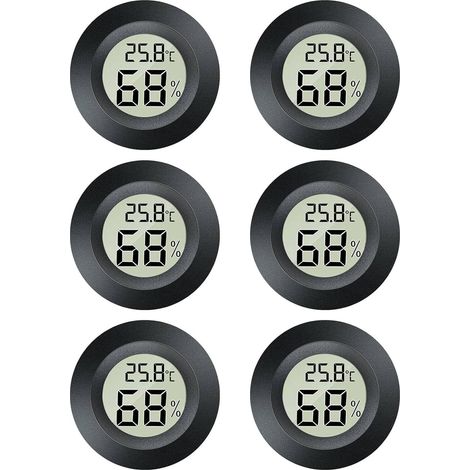 Mini hygromètre 2 en 1 - 6 mini thermomètres numériques LCD - Pour l'intérieur et l'extérieur - Pour serre, cave, rond - Noir (1/5)