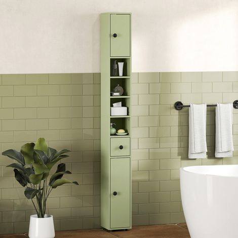 Armario alto de baño con 1 cajón, 4 estantes ajustables y 2 armarios, 20 x 20 x 180 cm, verde.