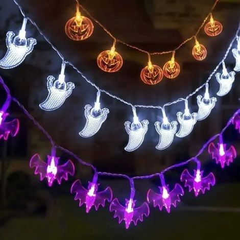 Guirlande lumineuse Halloween LED - WINLLINEE - Lot de 3 pendentifs - Citrouille plate, fantôme et chauve-souris - 3 m (1/4)