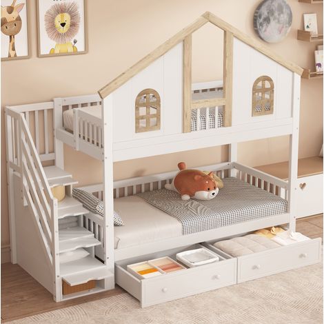 Etagenbett 90x200 cm Weiß-Natur aus Kiefernholz und MDF mit Fenstern, Stauraumtreppe, Schubladen und Schutzgitter (1/5)