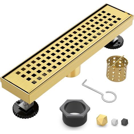 Caniveau de douche linéaire, caniveau de 12 pouces avec grille amovible, caniveau de douche en acier inoxydable, doré. (1/5)