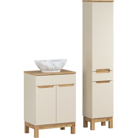 Set ERMANO cachemire 95cm: mobile sottolavabo + lavabo da appoggio bianco marmorizzato + colonna