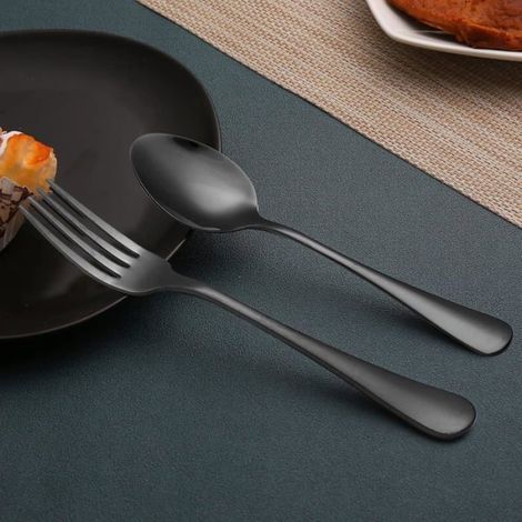 Set de couverts 12 pièces noir, 6 fourchettes et 6 cuillères en acier inoxydable, lavable au lave-vaisselle (1/4)