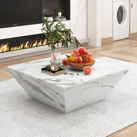 Table basse moderne , forme trapézoïdale, placage marbre blanc, salon, 70×70×37 cm (1/5)