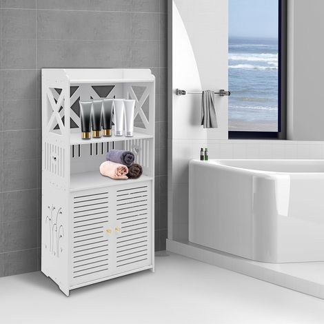 Badschrank Stehend Sideboard, Doppeltür Badezimmerschrank, Badezimmermöbel, Badezimmerregal, Badezimmerschrank Weiß 3+1 Stöckiges, für Badezimmer Wohnzimmer Küche Flur