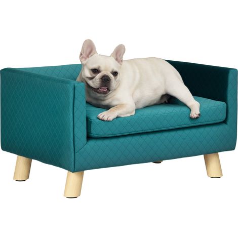 PawHut sofá para perros pequeños, 64x45x36 cm, cama elevada para perros, tapizada en terciopelo, con cojín lavable y patas de madera, azul verdoso (1/5)