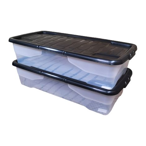 2 x 42L Clear Under Bed Storage Box with Black Lid, Stackable and Nestable Design Storage Solution (1/5)