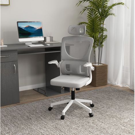 Chaise de bureau ergonomique grise en maille avec accoudoirs, appui-tête et soutien lombaire (1/5)