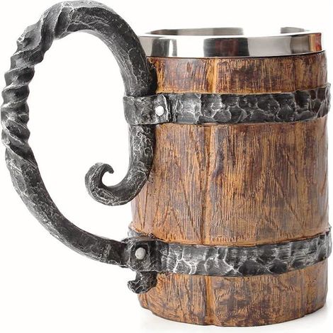 BelleRise - Chope à bière vintage Otartu en faux chêne, style médiéval rétro viking, en acier inoxydable, 500 ml. (1/5)