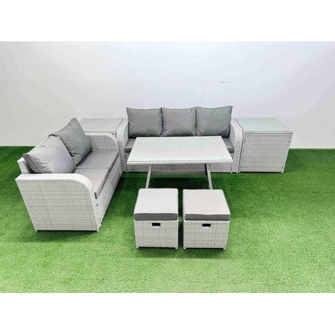 Fimous Outdoor PE Rattan Garden Furniture Set Rectangular Dining Table Sofa Set with 2 Small Stool 2 Side Tables Light Grey (1/4)