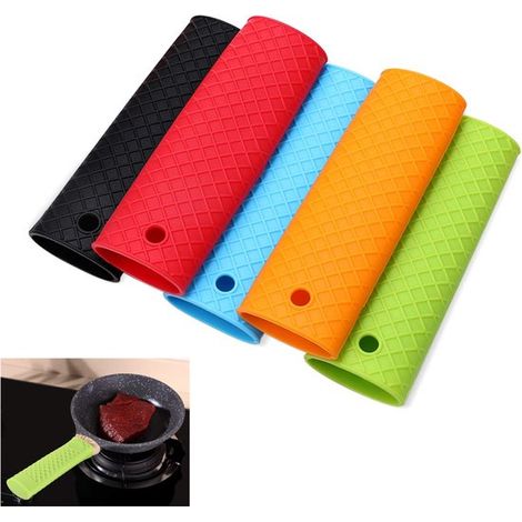 Protezioni isolanti in silicone per manici di pentole, disponibili nei colori rosso, arancione, blu, verde e nero. Protezioni per manici di pentole resistenti al calore e antiscivolo. Fodere isolanti (1/5)