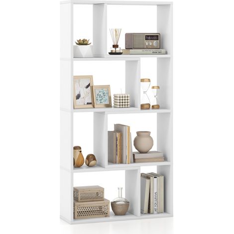 Bibliothèque blanche géométrique 4 niveaux 8 cases avec kit anti-basculement et pieds antidérapants pour salon, chambre et bureau (1/5)