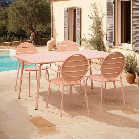 Ensemble table + 4 fauteuils ronds en métal terracotta - BACA
