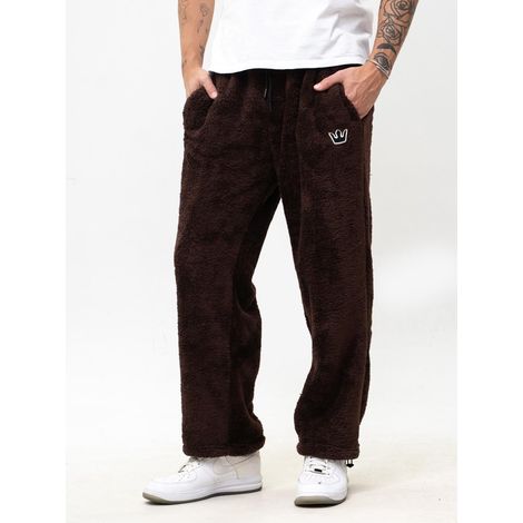 Jigga Wear Teddy Simple Crown XL Pantaloni della tuta larghi da uomo in sherpa marrone scuro (1/5)